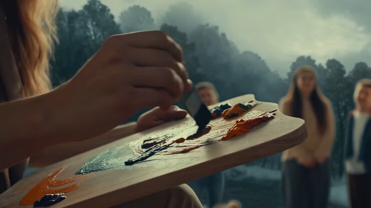 Palette d'artiste avec de la peinture dans un décor de forêt brumeuse, sous le regard de spectateurs