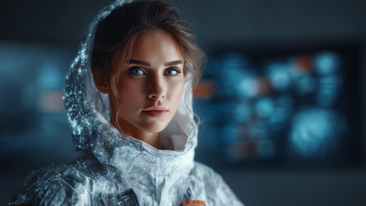 A Captivating Portrait of a Female Astronaut with Striking Blue Eyes, Set Against a Futuristic Background Featuring Advanced Technology and Space Exploration Themes