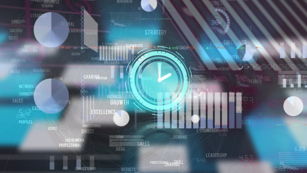 Animation of neon ticking clock, network of business concept texts and statistical data processing