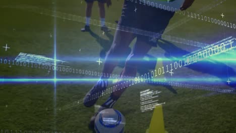 Animation-of-data-processing-and-numbers-over-diverse-male-soccer-players-playing-at-stadium