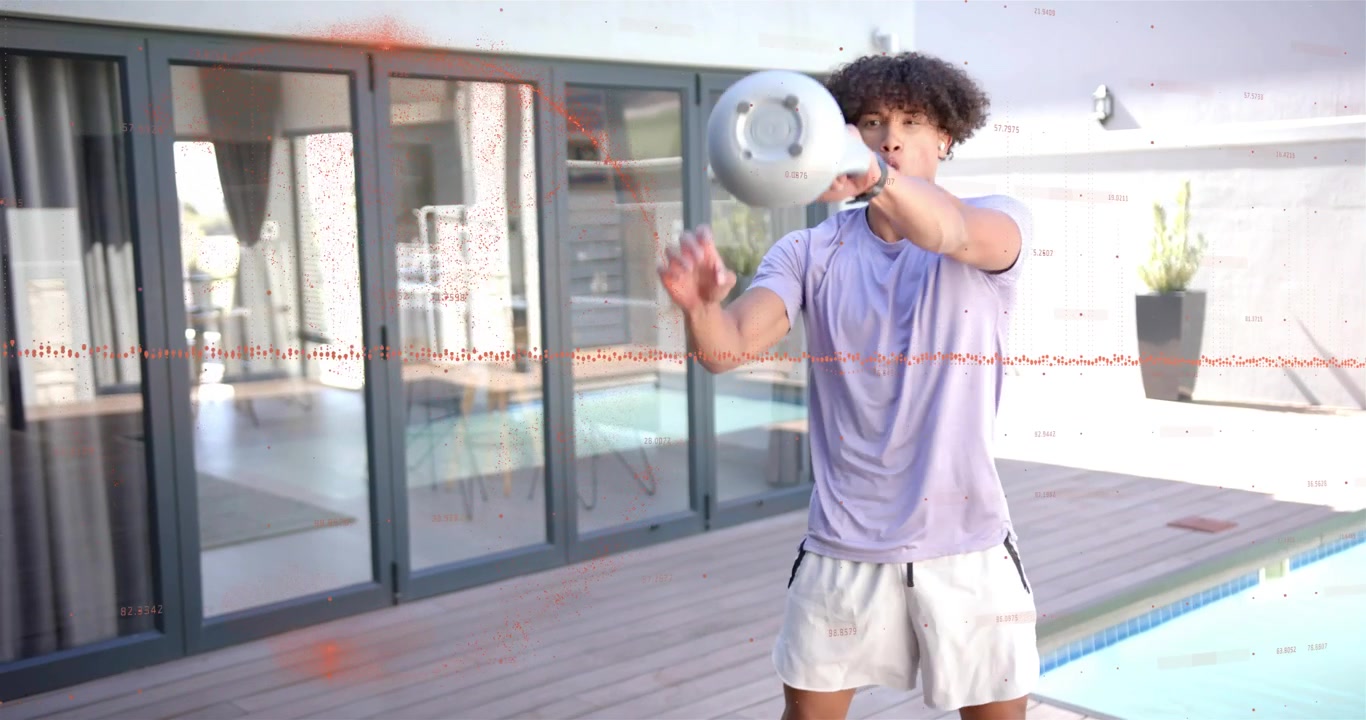 Man performing fitness kettlebell swings poolside, initiating each rep by driving hips forward