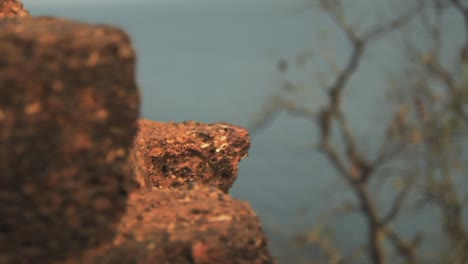 Traveling-Shot-of-Coast-with-Old-Rock-Wall-of-a-Stornghold-Showing-Up