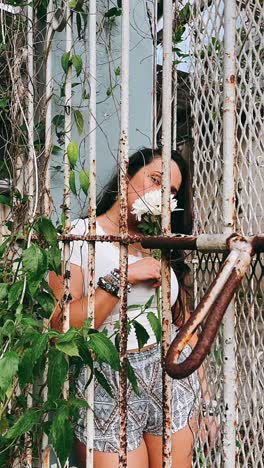 una mujer que huele a flor detrás de una puerta oxidada.