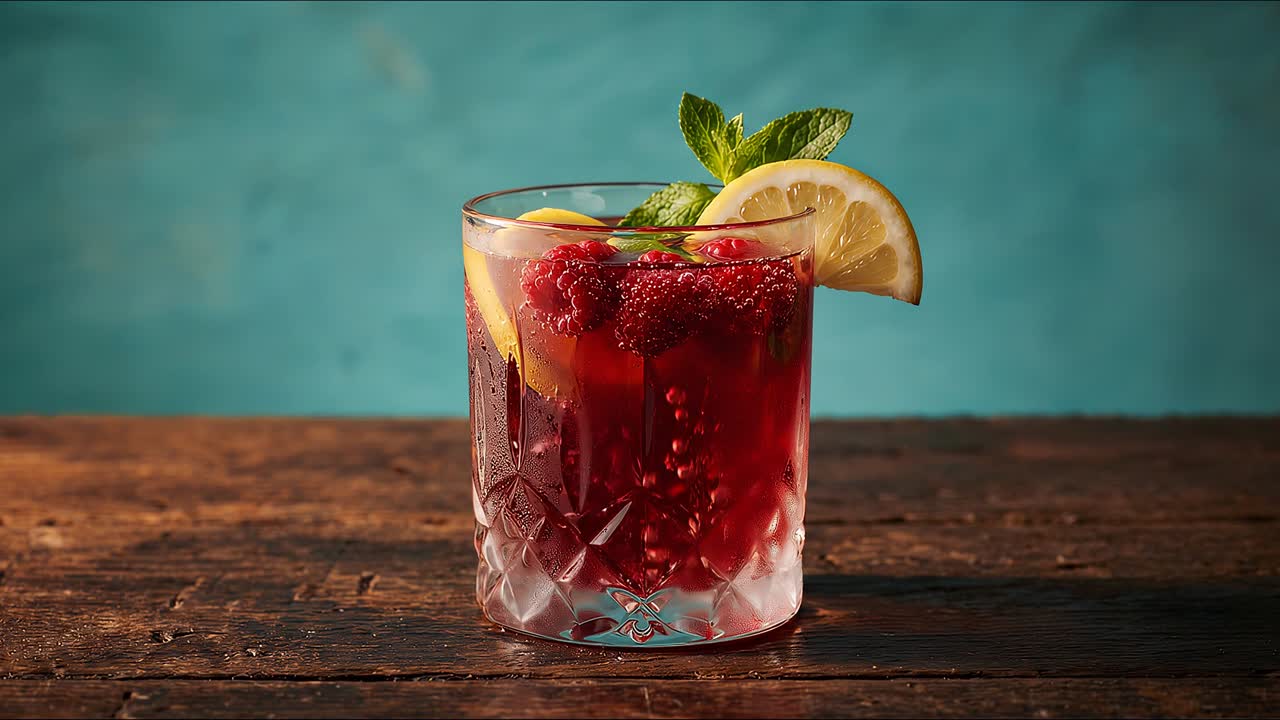 Cocktail ai frutti di bosco scuri con fetta di limone e foglie di menta, servito in un bicchiere di cristallo su una superficie di legno rustico