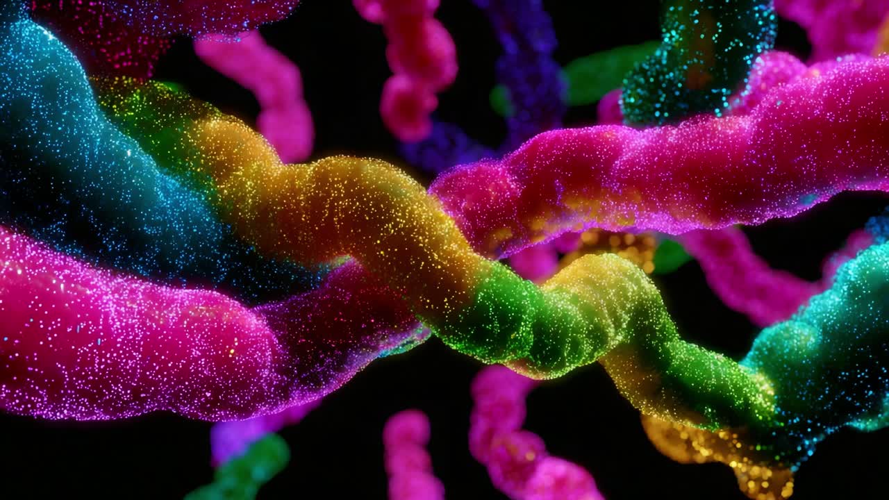 A Vibrant Visualization of Complex Structures Highlighting the Beauty of Interwoven Patterns and Colors, Showing Fluorescent Elements in a Dark Background Creating a Striking Contrast