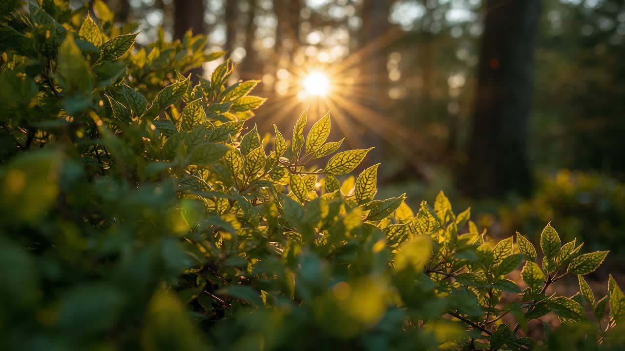 Moving low camera pulling focus on shrub leaves at forest floor, revealing sunburst, trunks, bokeh