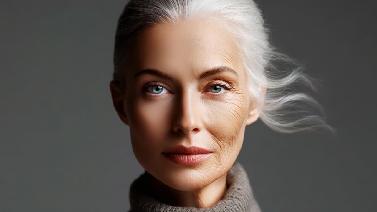 A striking portrait of an older woman with silver hair and gentle wrinkles, capturing both the wisdom of age and the beauty of experience, exuding confidence and grace in a minimalistic setting