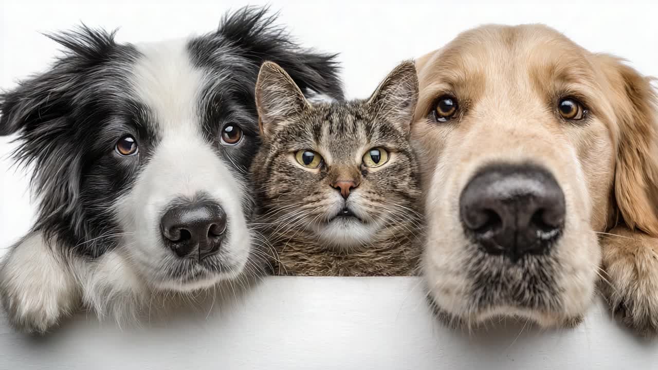 Bezauberndes Trio: Ein herzerwärmendes Porträt eines verspielten Hundes, einer neugierigen Katze und eines freundlichen Golden Retrievers, festgehalten in bezaubernder Gemeinsamkeit