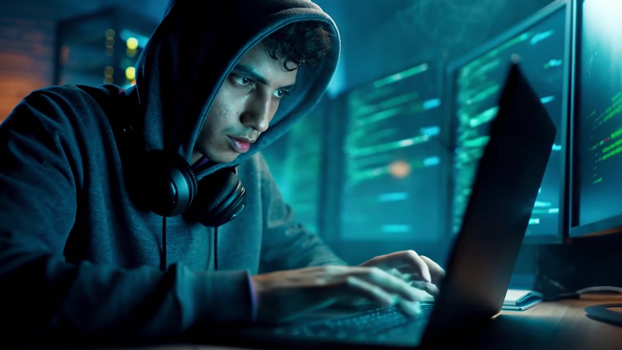 Young Man in Hoodie Typing Code on Laptop at Night