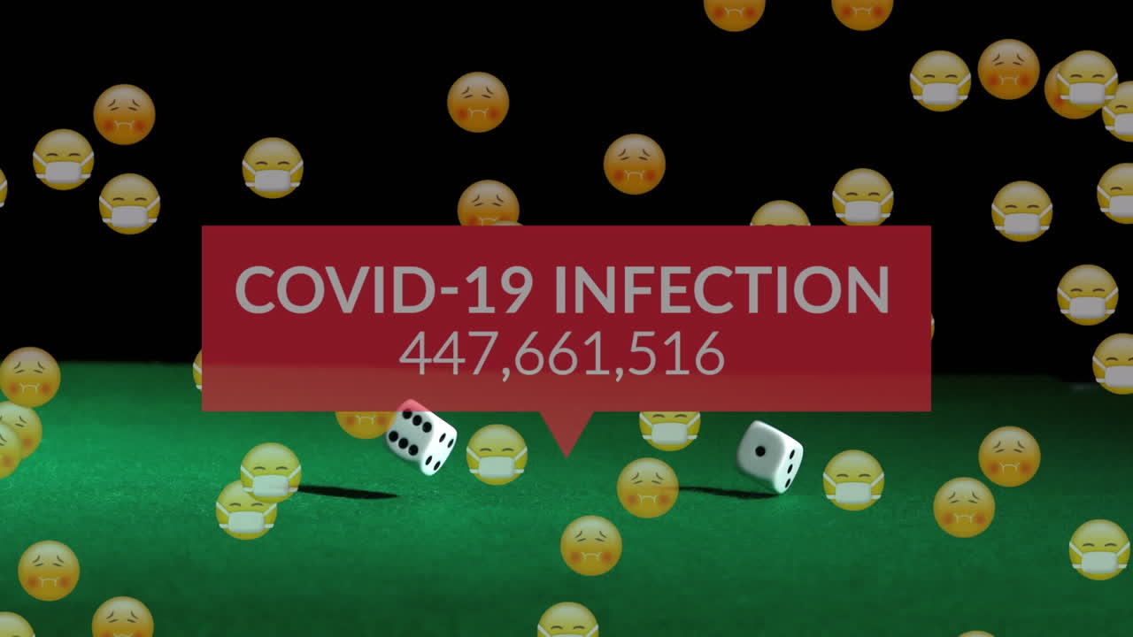 코로나 19 데이터 처리의 애니메이션 얼굴 마스크와 녹색 배경에 있는 두 개의 주사위의 이모티콘을 통해