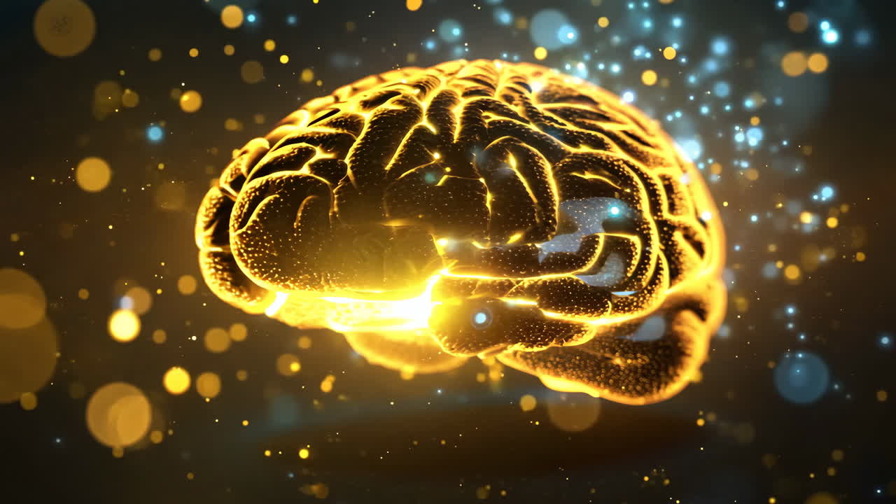 A brain with a yellow glow surrounding it. The brain is surrounded by a blurry background with a lot of light and dark spots. The brain is the main focus of the image