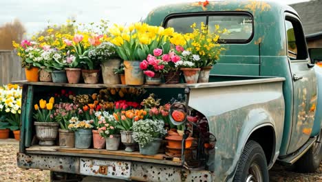 a truck filled with lots of potted plants and flowers