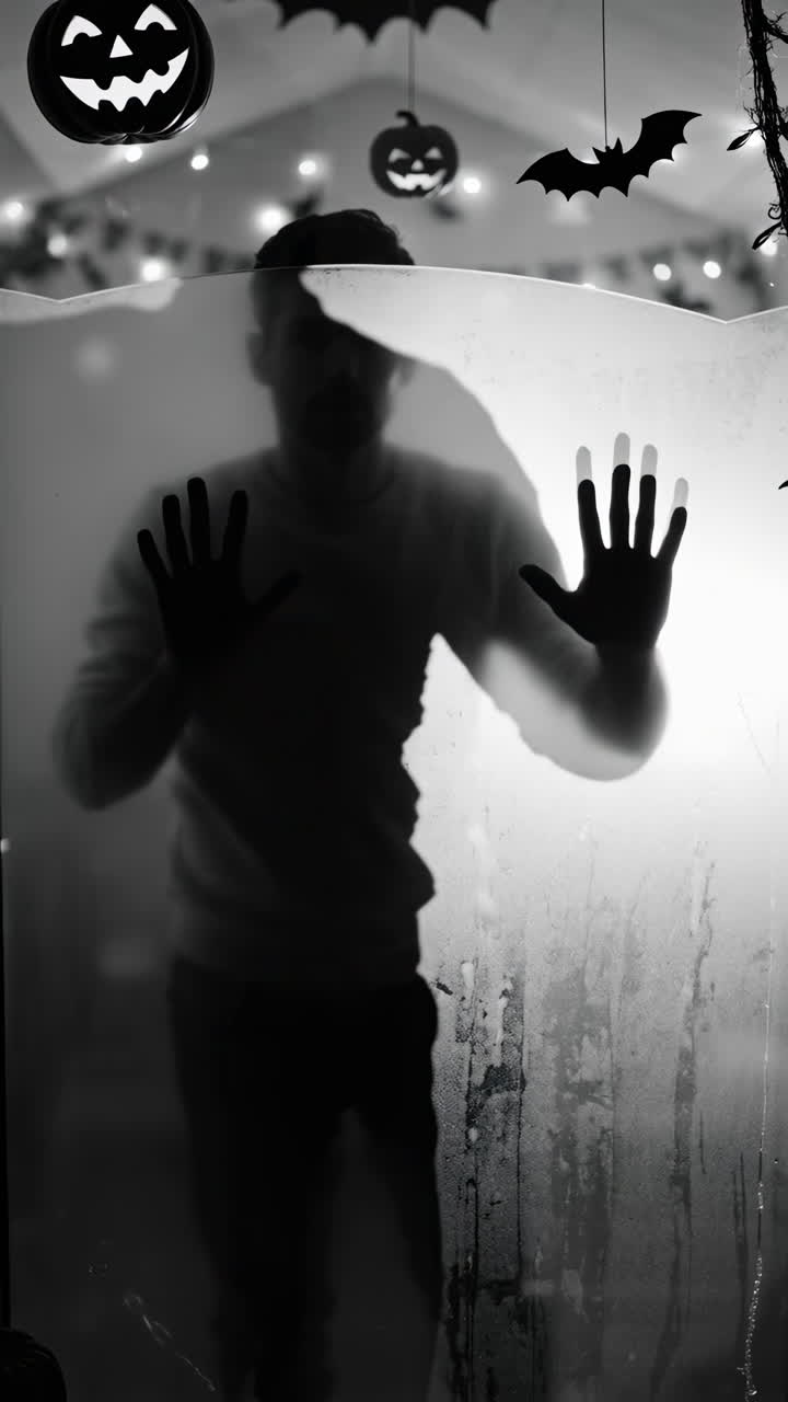 Spooky Halloween Silhouette of a Person with Hands on Glass
