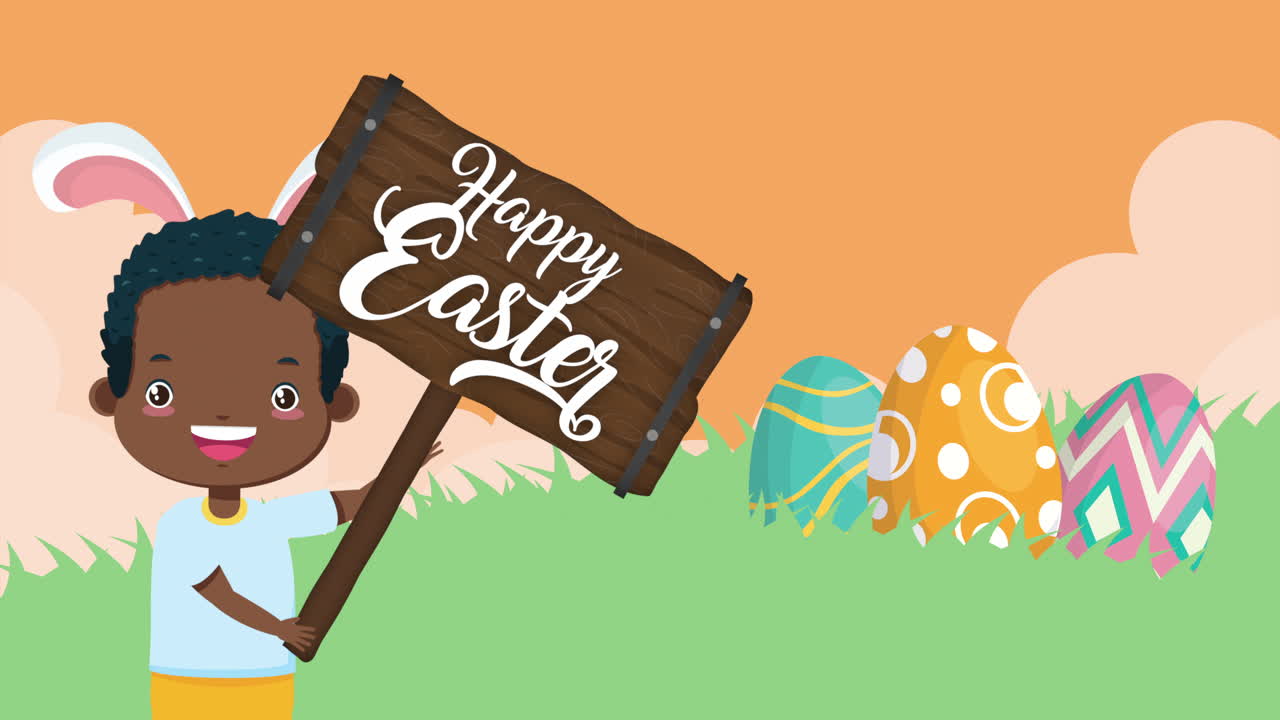 felicità pasqua carta animata con afro piccolo ragazzo usando orecchie di coniglio