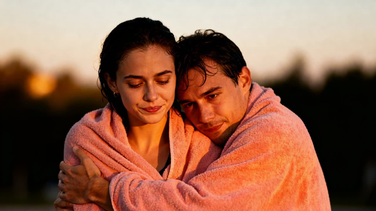Seeking warmth after swim, couple wrapping in matching pink towels at waterside sunset