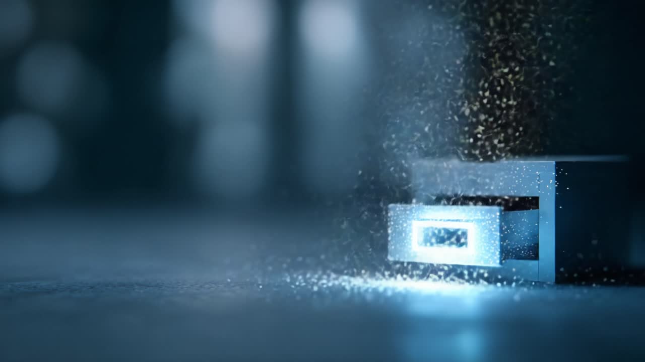 A Sparkling Metallic Drawer Surrounded by Ethereal Dust Particles in a Dimly Lit Environment, Evoking a Sense of Mystery and Intrigue in a Modern Aesthetic