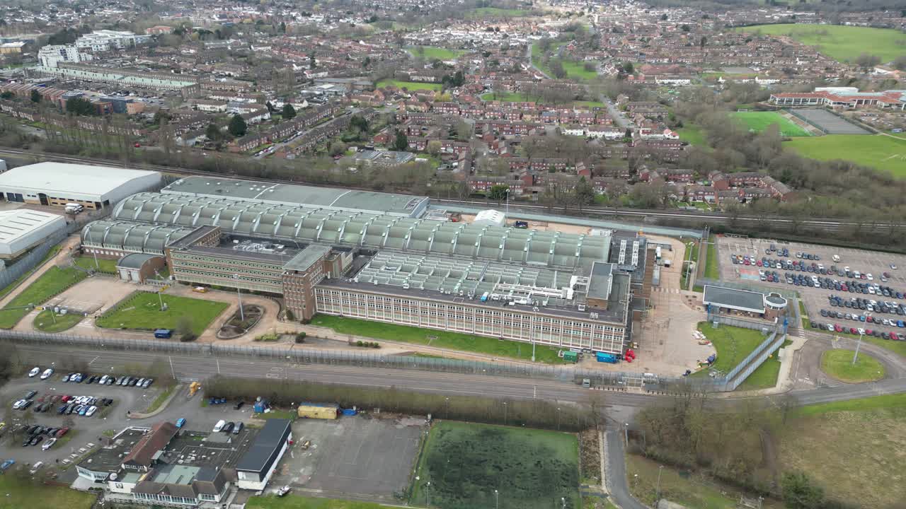 High angle drone aerial view Royal Mint Printing Works in Debden, Essex UK