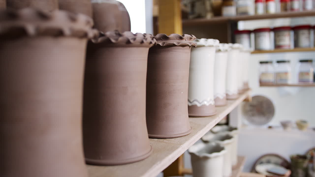 Close Up Of Male Potter Taking Clay Vase From Shelf To Glaze In Ceramics Studio