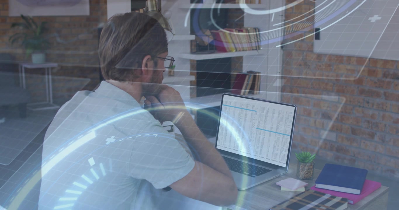 Man studying spreadsheet on laptop on opening file, HUD sweeping, highlighting cells for finance