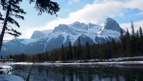 running river with snowy mountains in background