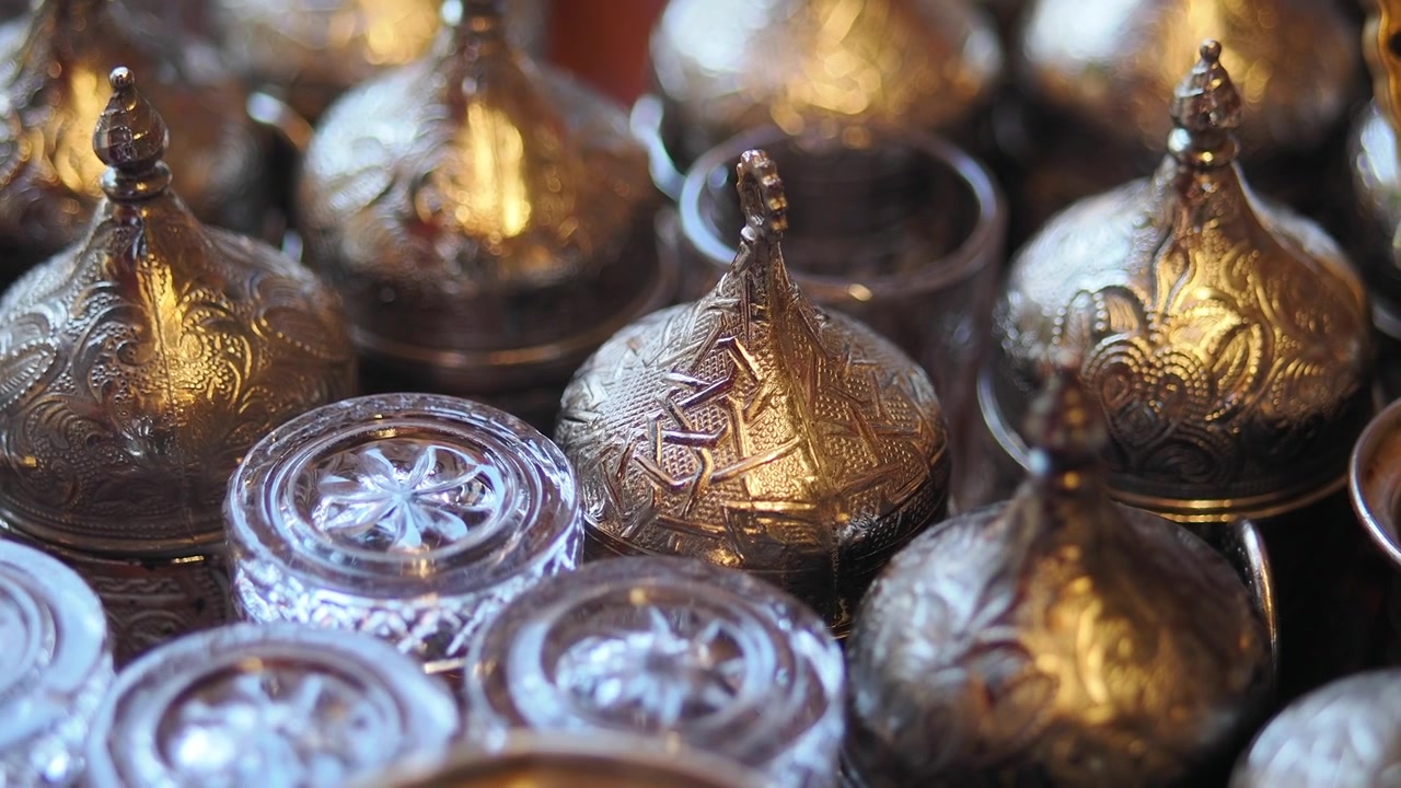 Traditional Turkish Coffee Cups with Ornate Metal Lids