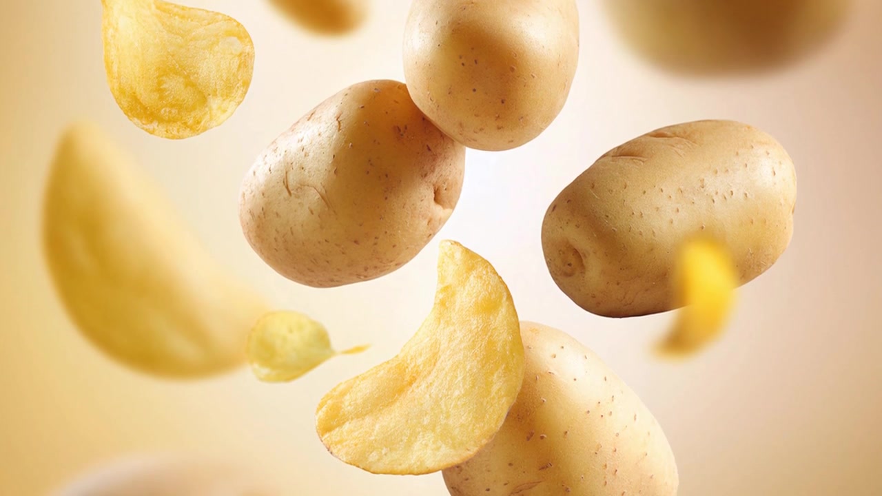 Levitating Fresh Potatoes and Crispy Potato Chips in Motion