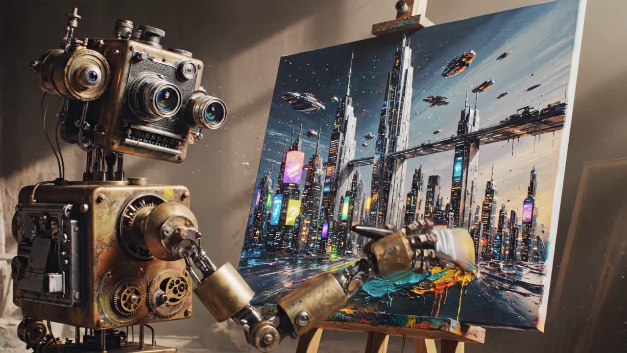 Robot Artist Painting a Futuristic Cityscape