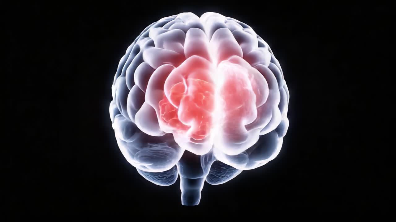 Visuell representation av en mänsklig hjärna med ett markerat område som indikerar möjlig tumörtillväxt eller neural aktivitet, vilket visar komplexiteten och krångligheterna i hjärnstrukturer