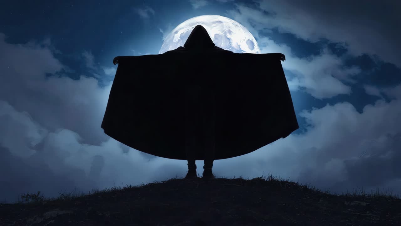 Mysterious Figure in Cloak Under the Moon