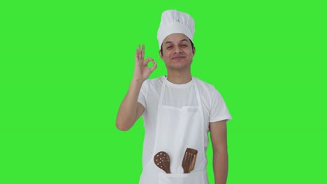 cocinero profesional indio feliz dando al cocinero un beso pantalla verde