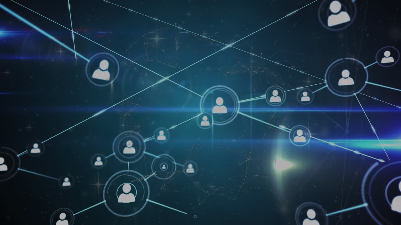 animación de la red de conexiones con iconos sobre puntos de luz y formas en movimiento.