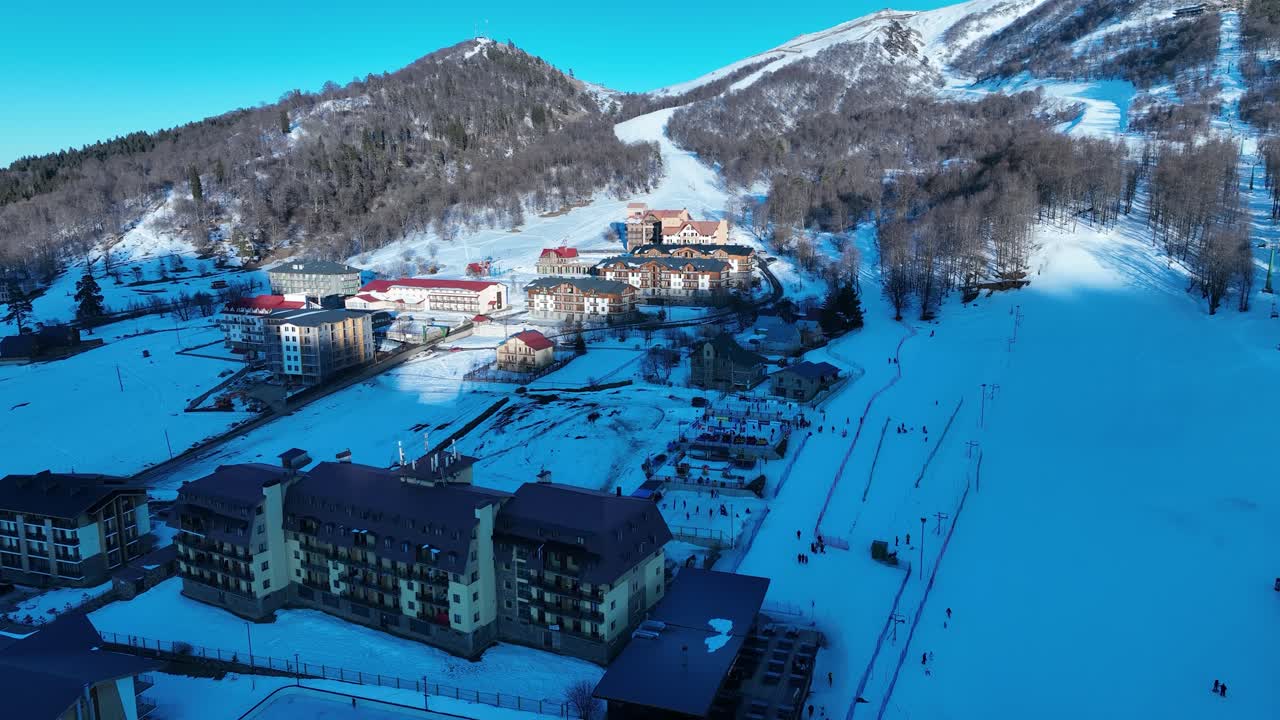 A beautiful aerial view of a dense forest covered in snow, with tall trees standing against a backdrop of snow-capped mountains, capturing the serene winter beauty