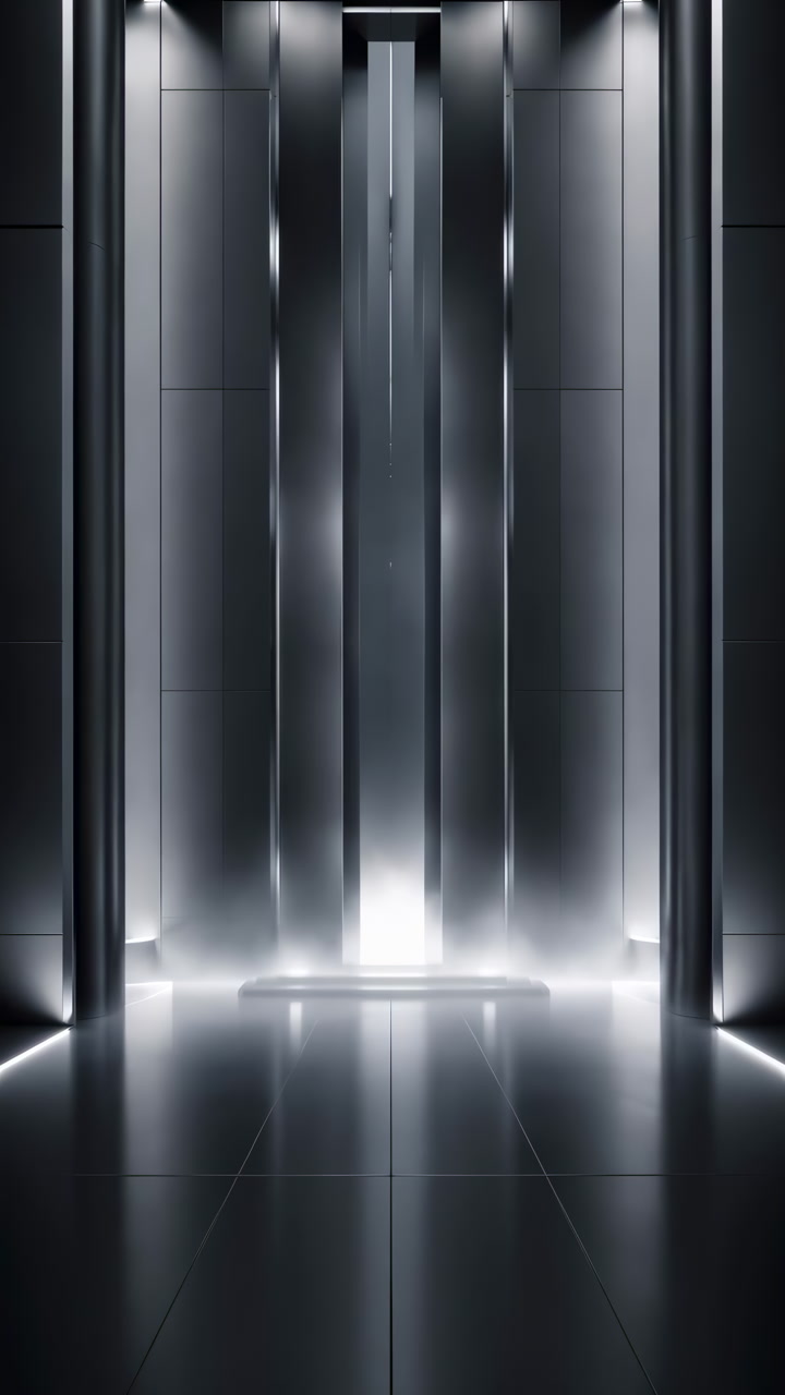 Sleek Metallic Elevator Interior With Ambient Lighting, Mirrorlike Panels And Polished Tile Floor, Underdoor