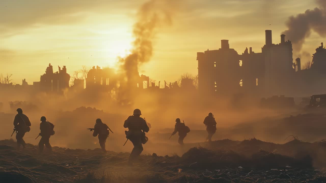 Soldiers patrolling devastated battlefield during sunset, silhouetted against destroyed building, conveying destructive aftermath of war and intense military landscape