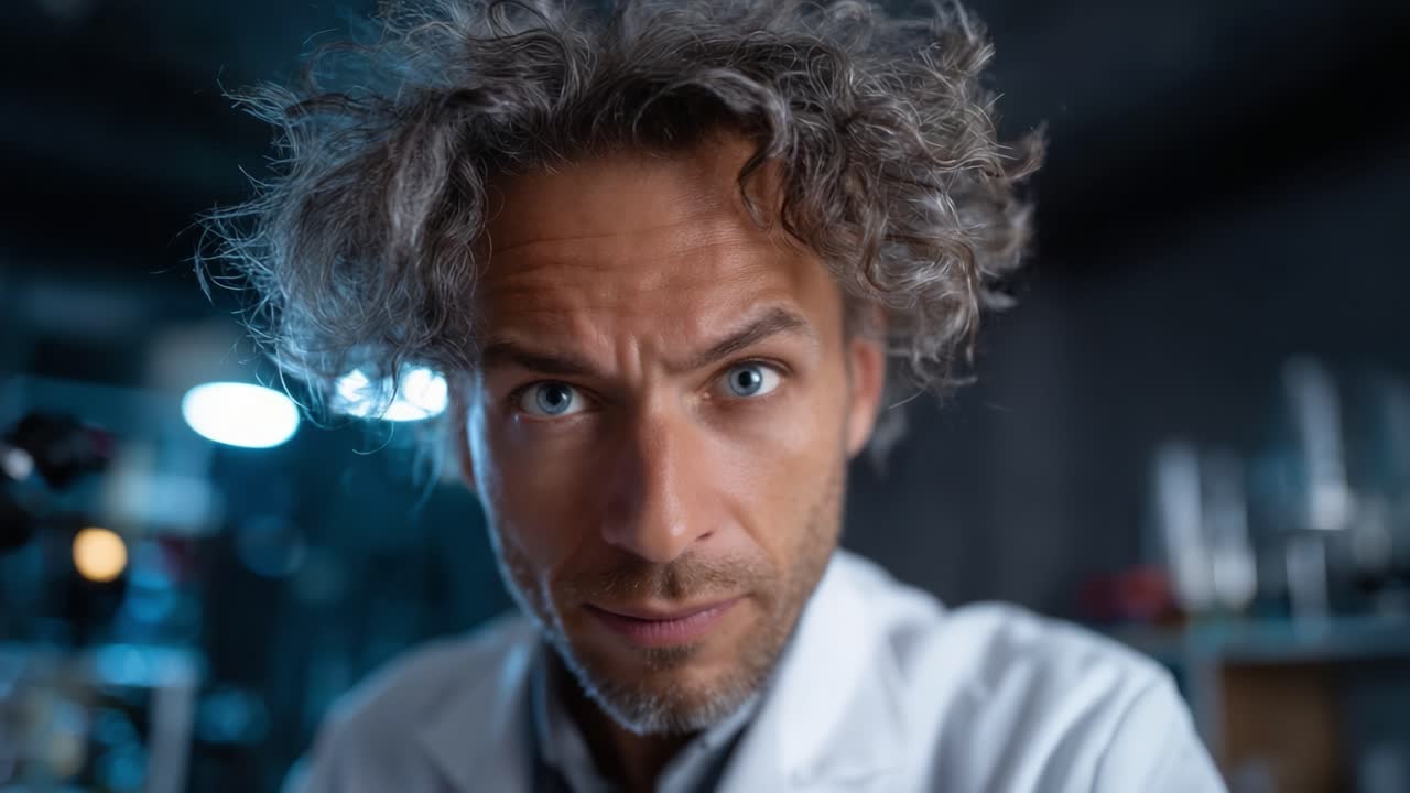 Intens forsker med krøllet hår udviser fokus og beslutsomhed i et laboratoriemiljø fanget i to dramatiske video-frames