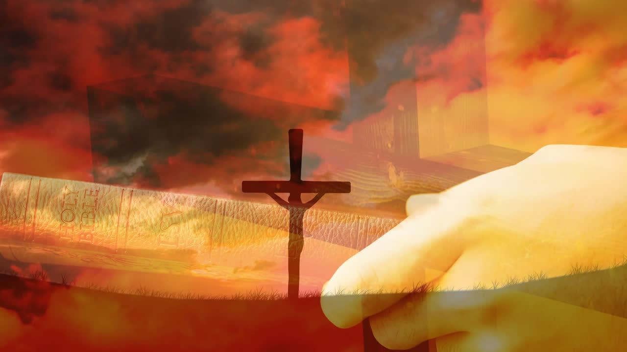 성서 를 들고 있는 백인 남자 위 에 있는 그리스도인 십자가 의 애니메이션