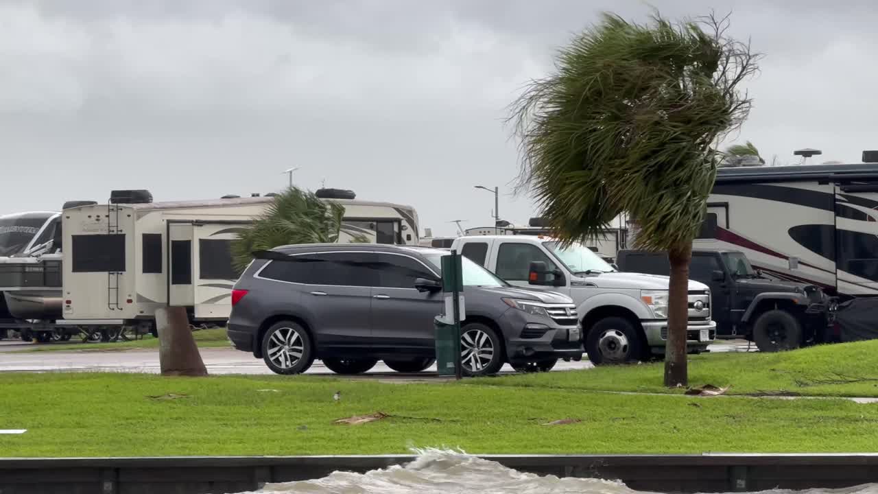 RV park during a stormy day with strong winds bending palm trees