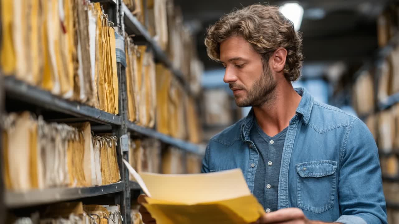 Un individu concentré examine méticuleusement des documents importants dans une archive bien organisée, démontrant son dévouement à maintenir l'ordre et la rigueur dans la gestion des dossiers.