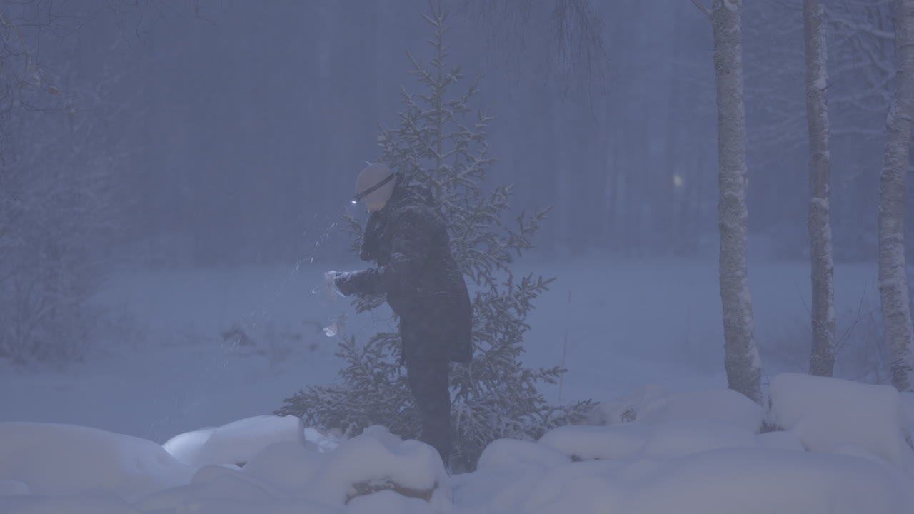 Woman Decorating Christmas Tree in Snowstorm, Static shot