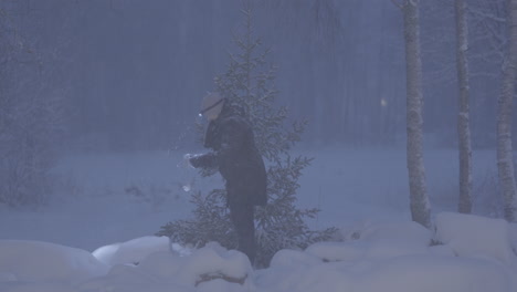 Woman Decorating Christmas Tree in Snowstorm, Static shot