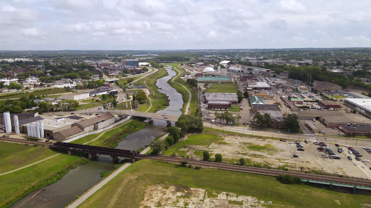 Aerial view of east-side of Dayton Ohio, USA, along the Mad River