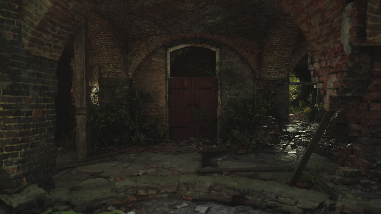 Abandoned brick structure overgrown with plants in an old location