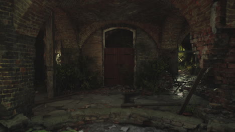 abandoned brick structure overgrown with plants in an old location