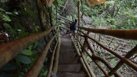 una chica aventurera caminando por escaleras de madera en la selva del sureste asiático.