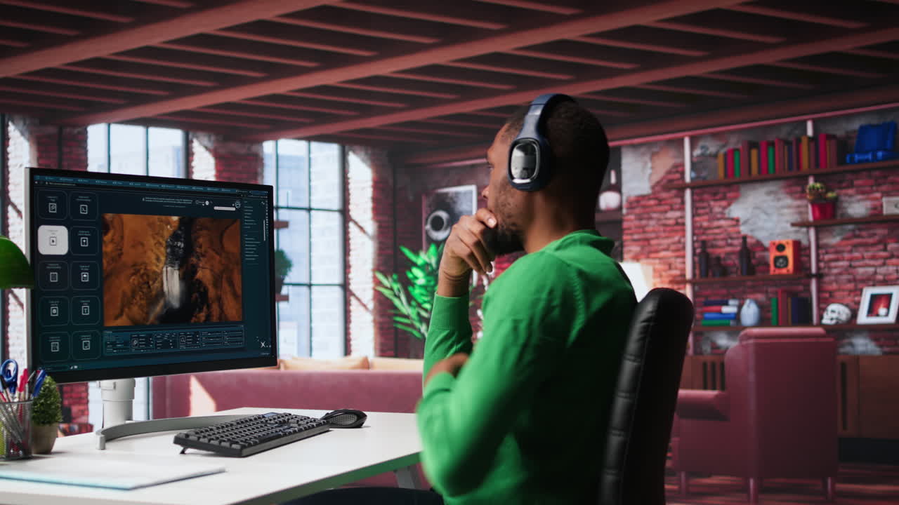 Vertical Video African american guy exploring generative AI art and deep learning visuals