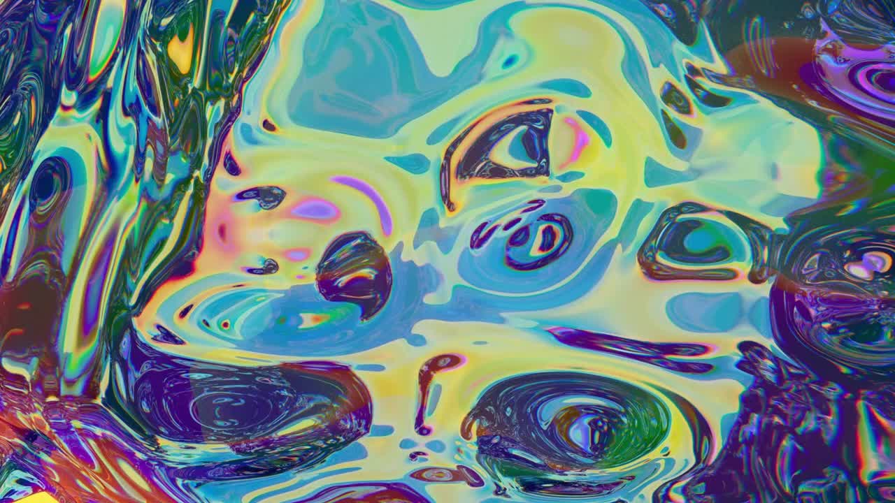 Mesmerizing abstract animation of flowing liquid metal with vibrant iridescent colors. Psychedelic, futuristic, and colorful background for creative projects