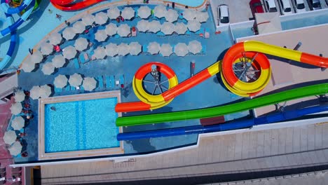 shooting of water slides in the aquapark with drone from above