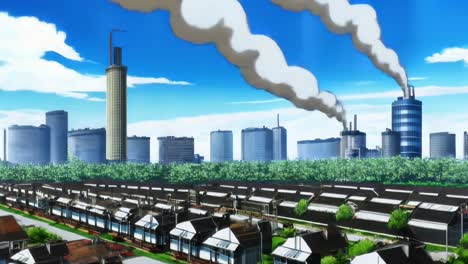 animated cityscape with houses and factories