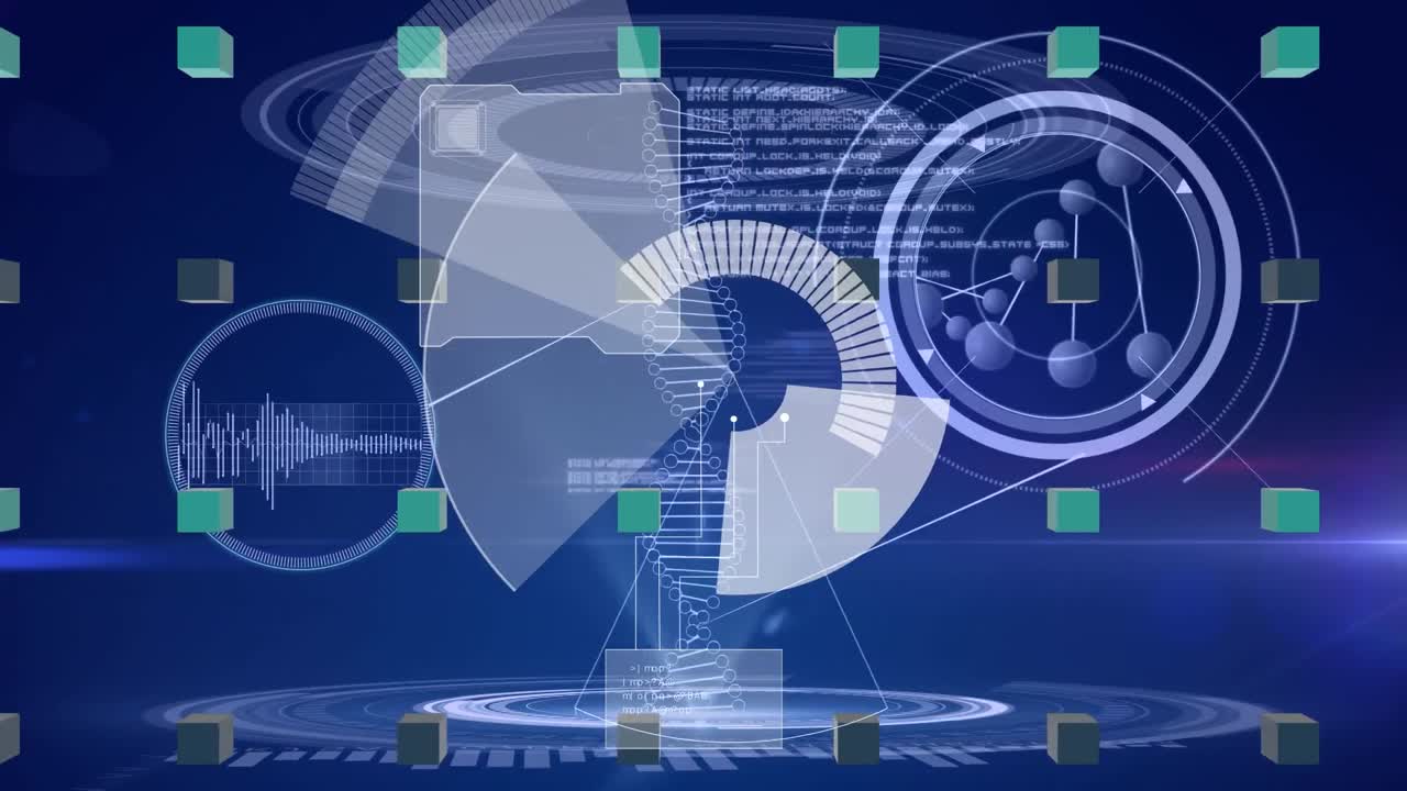 파란색 배경에 있는 dna 줄기 위의 스 ⁇  스캐닝과 데이터 처리 애니메이션