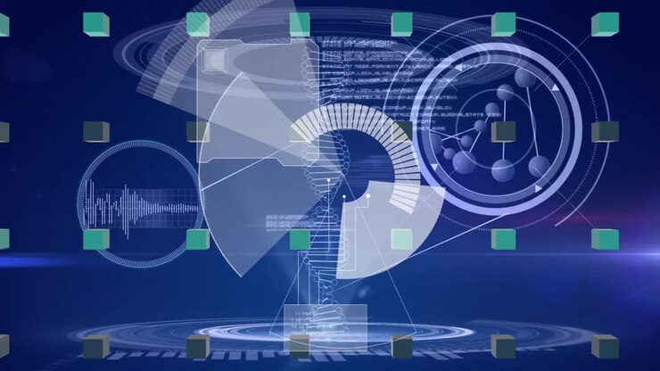 Animation of scope scanning over dna strand and data processing on blue background